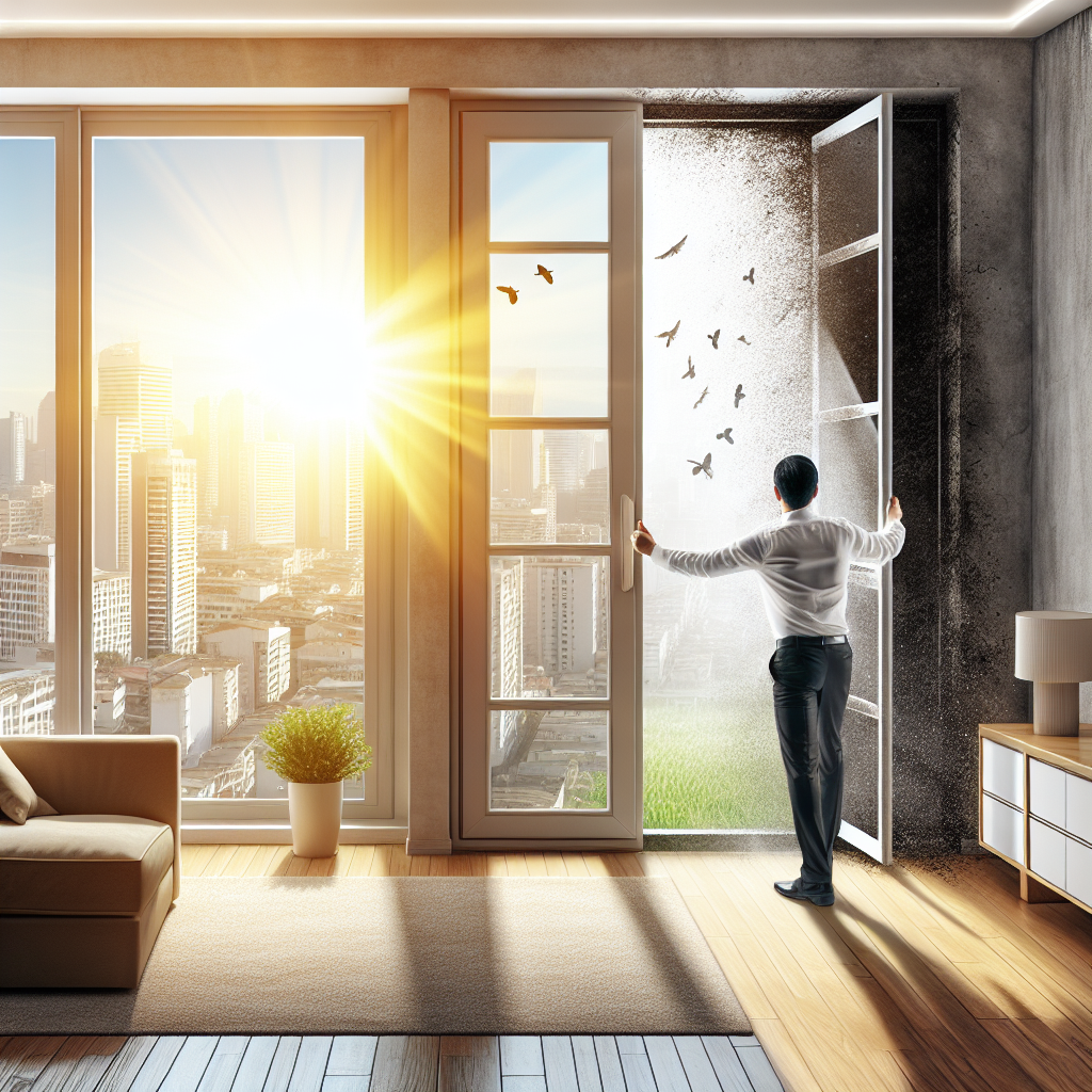 A bright, modern living room with a large window wide open, letting in abundant fresh air and sunlight. A person is actively opening the window even wider, emphasizing ventilation and freshness. In the background, a subtle, almost invisible hint of a dark, damp corner on a wall, representing the issue being addressed. Realistic photograph.