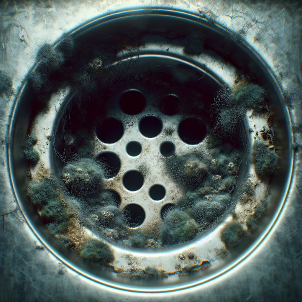 A close-up, slightly moody photograph of a metal kitchen sink drain. Visible within the drain and around its edges are subtle dark, greyish-green patches, suggesting hidden mold and grime. The lighting is somewhat dim, hinting at an unpleasant, musty atmosphere, but not overtly disgusting. Realistic style.