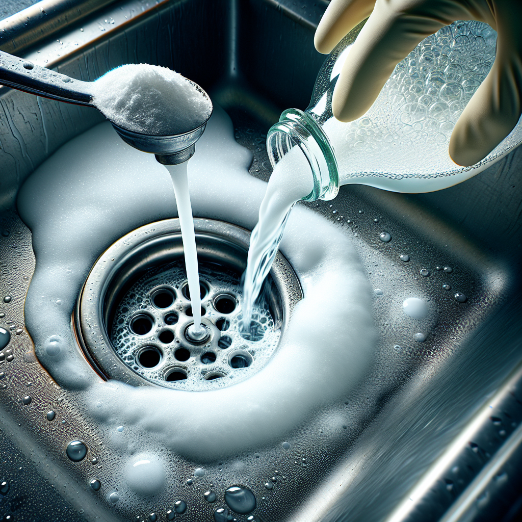 A vibrant, detailed close-up photograph capturing the active process of cleaning a kitchen sink drain. White baking soda is visible inside the drain, vigorously fizzing and reacting as clear vinegar is poured over it from a glass bottle. The scene is bright and clean, emphasizing a natural, effective cleaning solution. Realistic style.