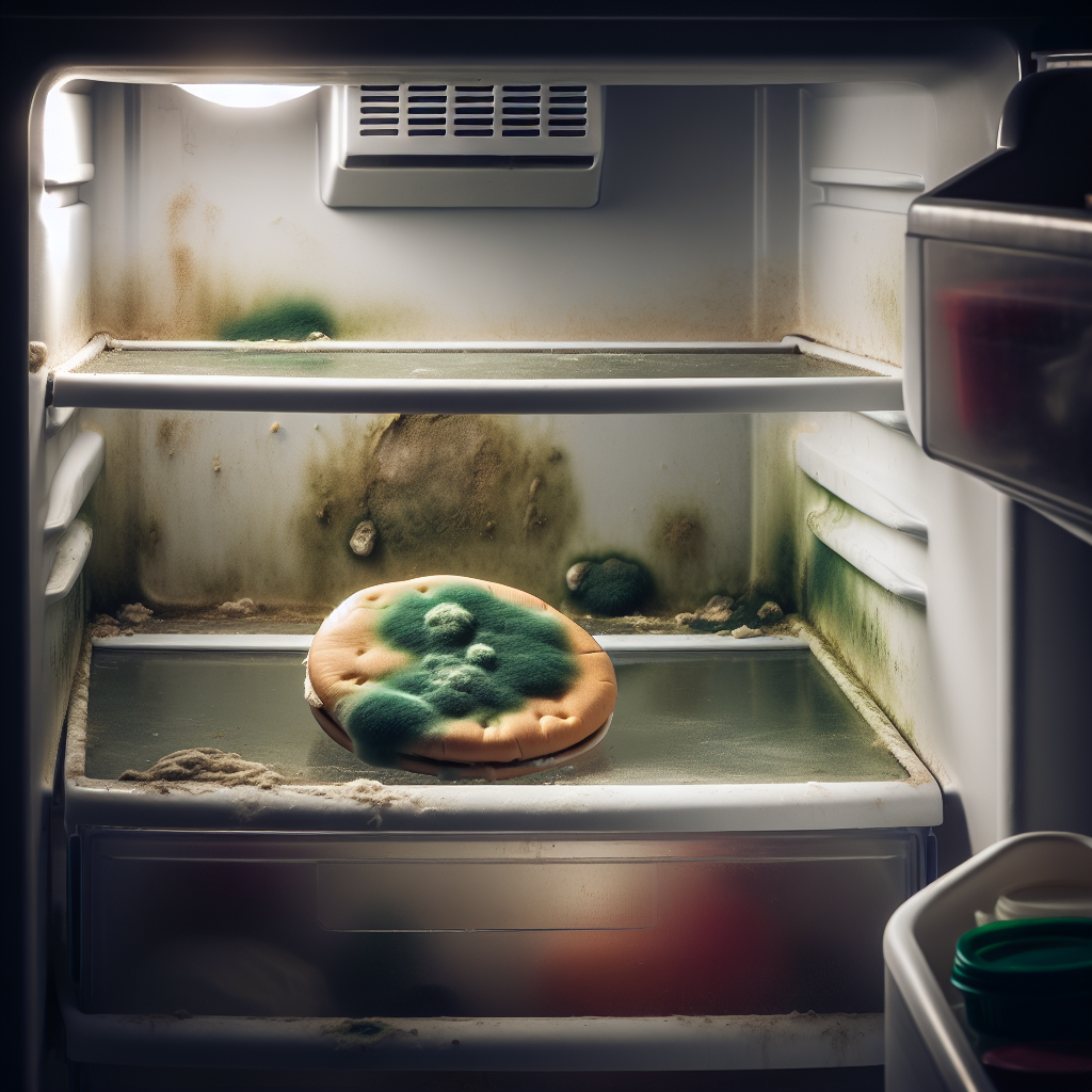 A slightly open refrigerator with a subtle, unhygienic appearance. In the background, a small, forgotten, spoiled food item with a hint of green mold is visible in a corner. The lighting is dim and slightly moody, conveying a neglected and unpleasant atmosphere, but not overtly disgusting.