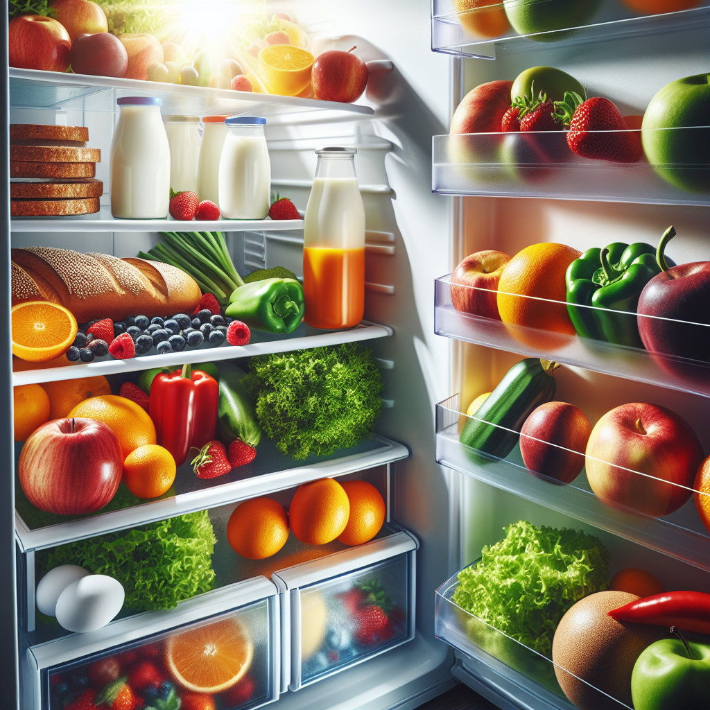A sparkling clean, brightly lit refrigerator interior, meticulously organized with vibrant, fresh fruits, crisp vegetables, and neatly arranged healthy food items. The scene should evoke a strong sense of freshness, hygiene, and cleanliness.