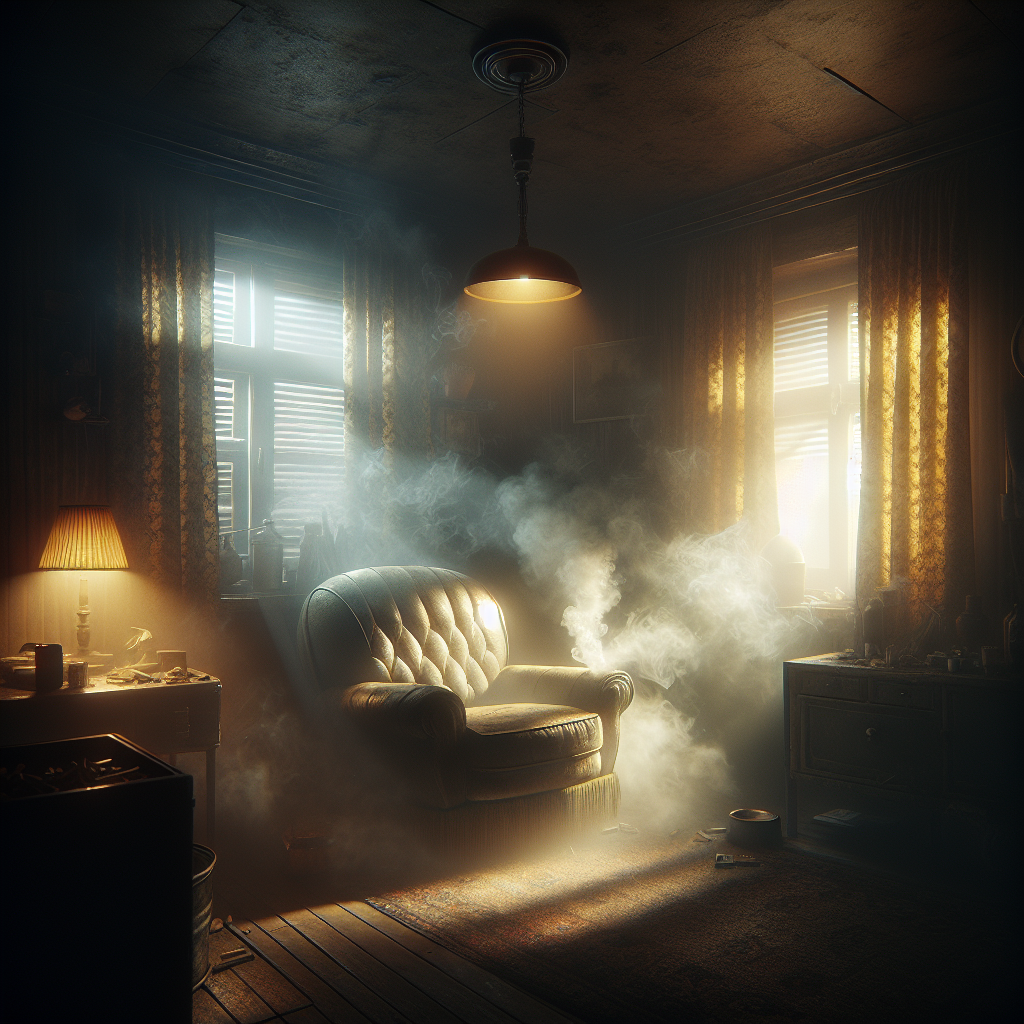 A dimly lit, slightly cluttered living room interior with a subtle, yellowish haze of stale cigarette smoke visibly clinging to the curtains, an old armchair, and the air itself. The room feels heavy and unpleasant, with a single, small window slightly ajar, struggling to let in any freshness. The overall impression is one of a persistent, unwelcome odor. Realistic, detailed, indoor photography.