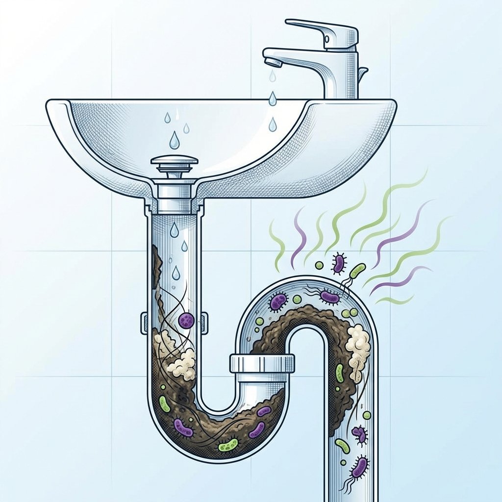 An infographic-style illustration depicting a cut-away cross-section of a modern bathroom sink drain and the U-shaped siphon beneath. Show dark, sludgy organic matter (stylized hair, soap residue) accumulating along the inside walls of the pipe and within the siphon. Small, stylized purple or green bacteria shapes are visible within these deposits, subtly emitting wavy lines indicating unpleasant odors. The overall image should be clean and informative, using a clear visual language to explain the sources of sink smells.