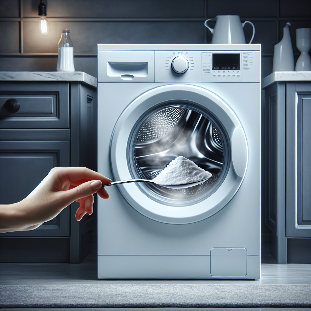 A modern front-loading washing machine, door slightly ajar, with a subtle, faint greyish mist gently emanating from inside the drum, symbolizing a mild musty odor. A hand is holding a tablespoon filled with white baking soda (Natron) poised directly over the opening of the drum, ready to pour. The background is a clean, bright utility room or kitchen. Realistic photo, capturing a sense of everyday problem-solving.