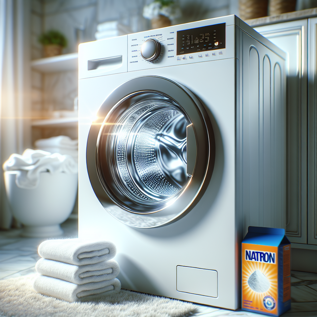 A gleaming, spotless modern front-loading washing machine with its door slightly open, revealing a sparkling clean drum. Next to it, a neatly folded stack of fluffy, bright white towels, freshly laundered, with a subtle visual cue of freshness like a gentle, clean glow. A box or bag labeled 'Natron' (baking soda) is discreetly visible in the soft-focus background. Bright, airy, realistic photo, emphasizing cleanliness and the successful removal of odors.