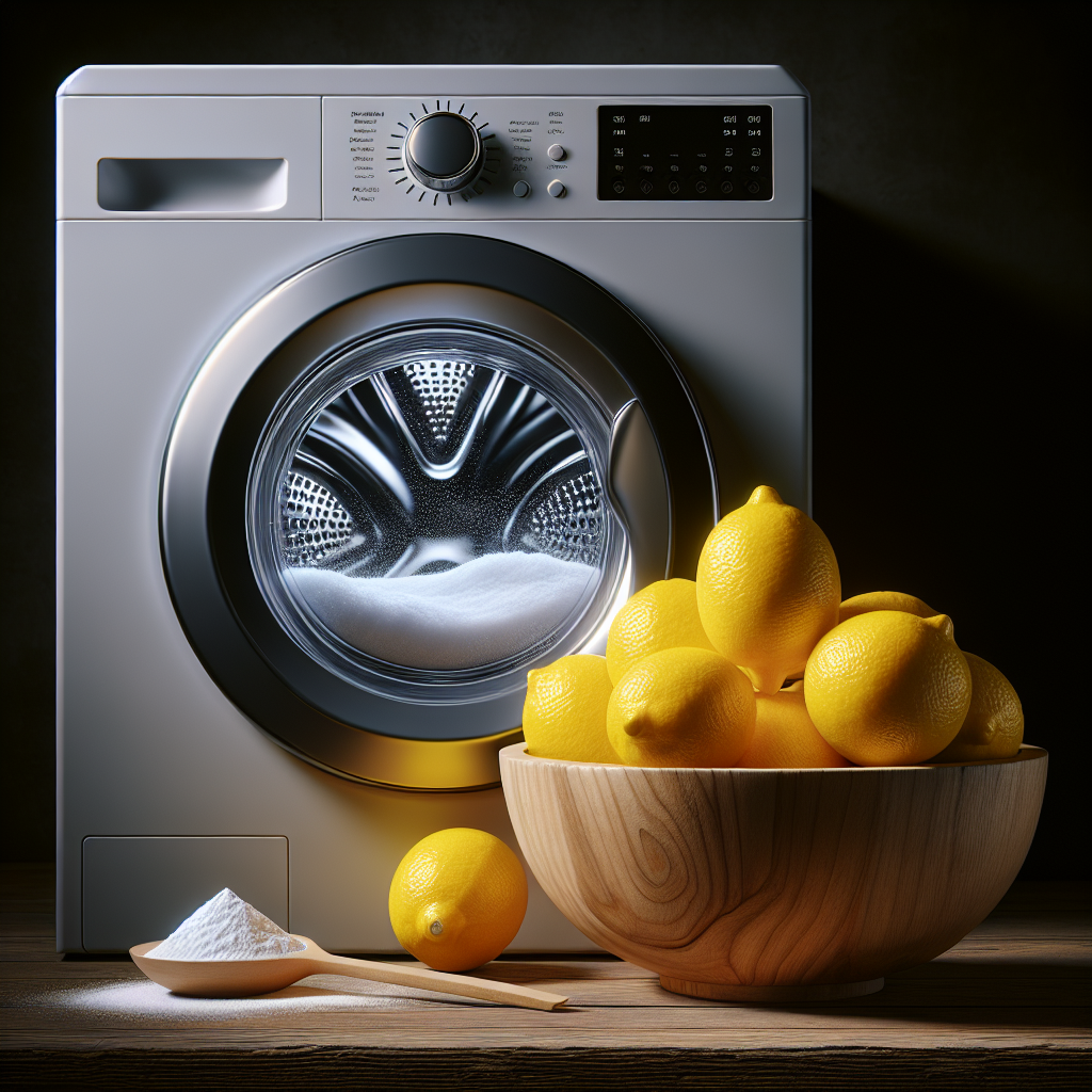 A modern front-loading washing machine, slightly worn and hinting at hidden grime inside the drum, stands next to a small wooden bowl brimming with fresh, bright yellow lemons and a spoon holding white powder (citric acid). The scene is well-lit, with a focus on the contrast between the machine's state and the natural cleaning solution. Realistic, clean photography style.