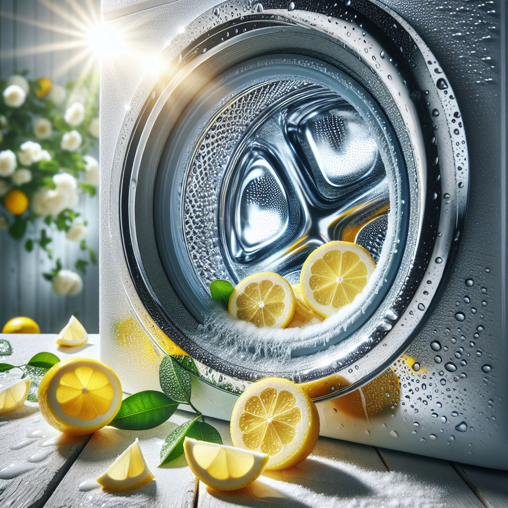 An extremely clean and sparkling washing machine drum, glistening with a few fresh water droplets, reflecting bright light. Around the drum's opening, artfully arranged fresh lemons and loose white citric acid powder evoke a sense of citrus freshness and hygiene. The background is bright and airy, emphasizing cleanliness and a pleasant scent. High-key lighting, modern aesthetic.