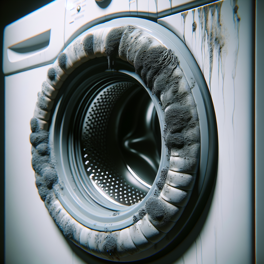 Close-up of a modern washing machine's grey rubber seal, visibly stained with dark mold and dirty detergent residue. The scene has a slightly neglected feel, with dim lighting and a subtle visual representation of a stale, unpleasant odor emanating from the seal. The washing machine door is slightly ajar, hinting at trapped moisture. Realistic style, high detail.