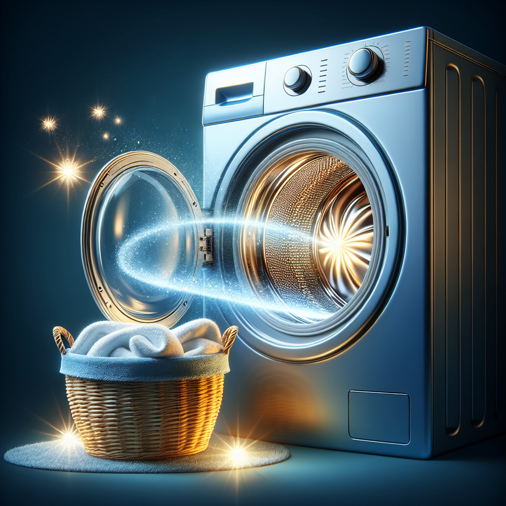 A modern washing machine drum interior, sparkling clean and pristine, with a soft glow emanating from within, suggesting ultimate freshness. A small, delicate wisp of clean steam or scent subtly rises from the drum. On the side, a basket overflowing with freshly laundered, fluffy white towels. The overall image is bright, airy, and evokes a feeling of cleanliness and hygiene.