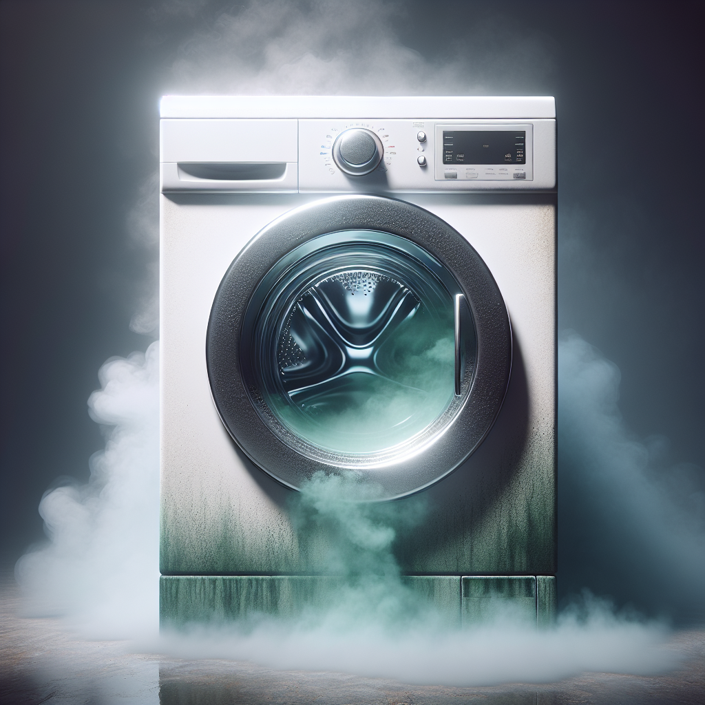 A front-loading washing machine with its door slightly ajar, revealing a dirty, grimy rubber seal around the opening. A subtle, unpleasant greenish-brown mist or vapor hints at a foul odor emanating from within the drum, conveying a sense of a smelly, neglected appliance. Realistic photography, indoor lighting.