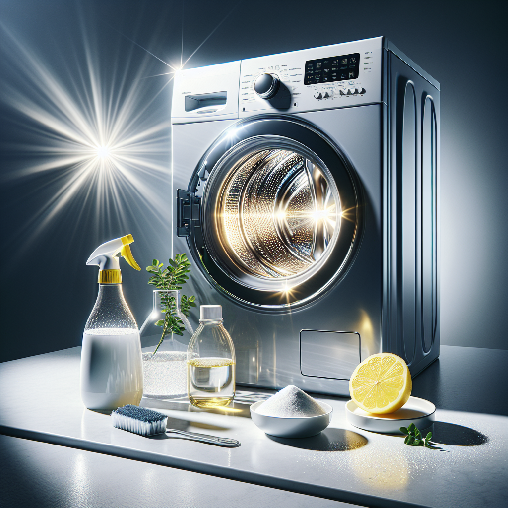 A clean, modern front-loading washing machine with its door open and sparkling interior. Next to it, on a bright, clean countertop, are common household cleaning items: a bottle of white vinegar, a bowl filled with baking soda, and a fresh lemon cut in half. The scene is bright, well-lit, and conveys a sense of natural freshness and effective cleaning. High-key photography style.