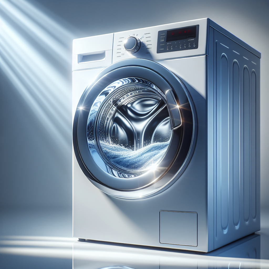 A sparkling clean washing machine, with its door slightly ajar, revealing a pristine drum. A gentle, fresh breeze (represented by subtle, clean white wisps of air) seems to emanate from the machine. Sunlight streams in, highlighting the chrome and white surfaces, creating an aura of freshness and cleanliness. Bright, optimistic, realistic style.