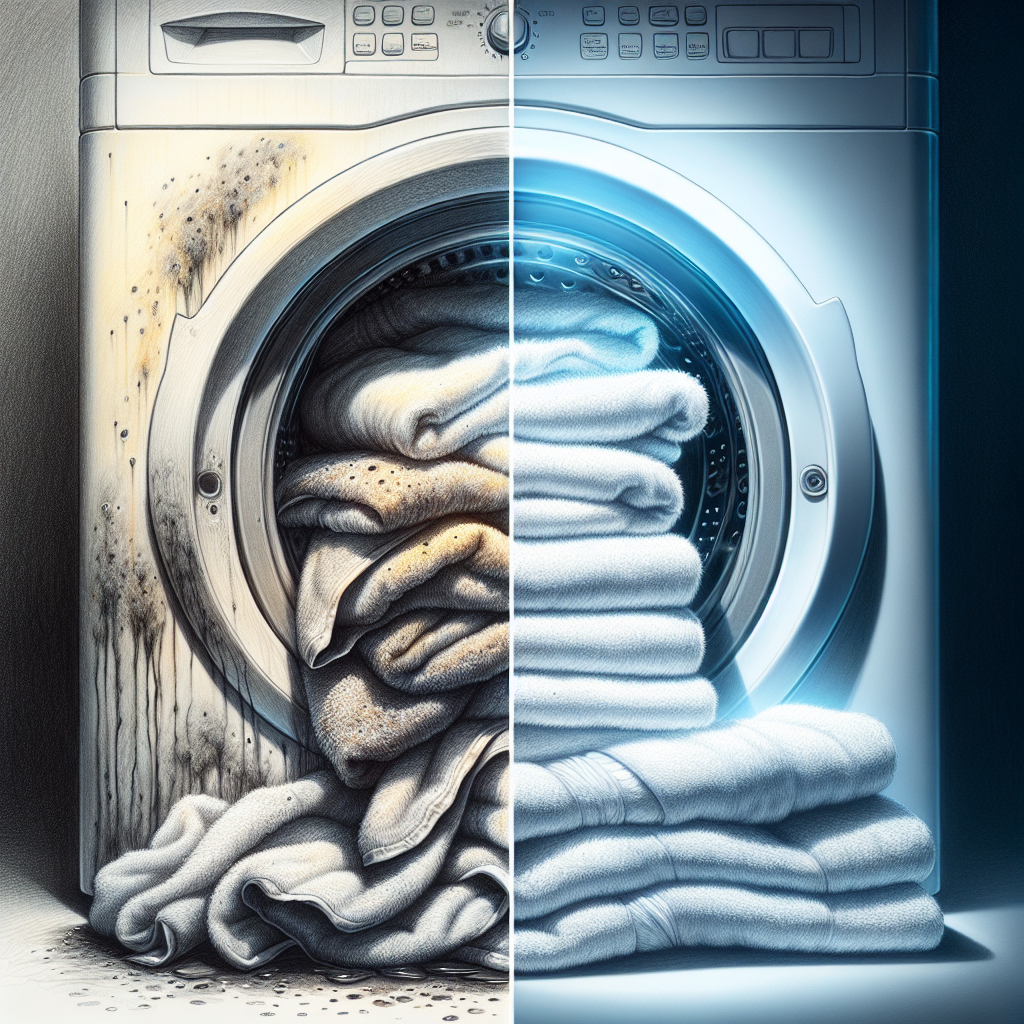 A visual split image or strong contrast. On one side, a close-up of dark, damp laundry carelessly left in a washing machine, with subtle hints of mold (e.g., dark spots, dingy textures). On the other side, a perfectly folded stack of pristine, bright white towels or clothes, radiating freshness and cleanliness, perhaps with a soft, ethereal glow. The lighting should highlight the dinginess on one side and the crispness on the other. Realistic photography style.