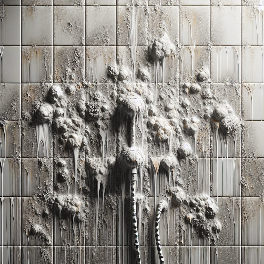 Close-up of ceramic shower tiles heavily covered in noticeable, stubborn white and grey water stains and limescale buildup, looking dull and dirty. Realistic, high resolution.