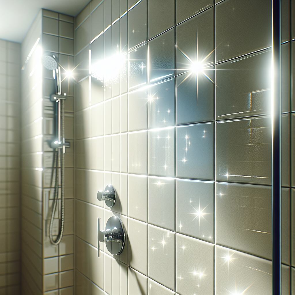 A sparkling clean shower wall with light-colored ceramic tiles, perfectly free of any water stains or limescale. The tiles reflect light, showing a pristine condition. Bright, clean aesthetic, realistic, high resolution.