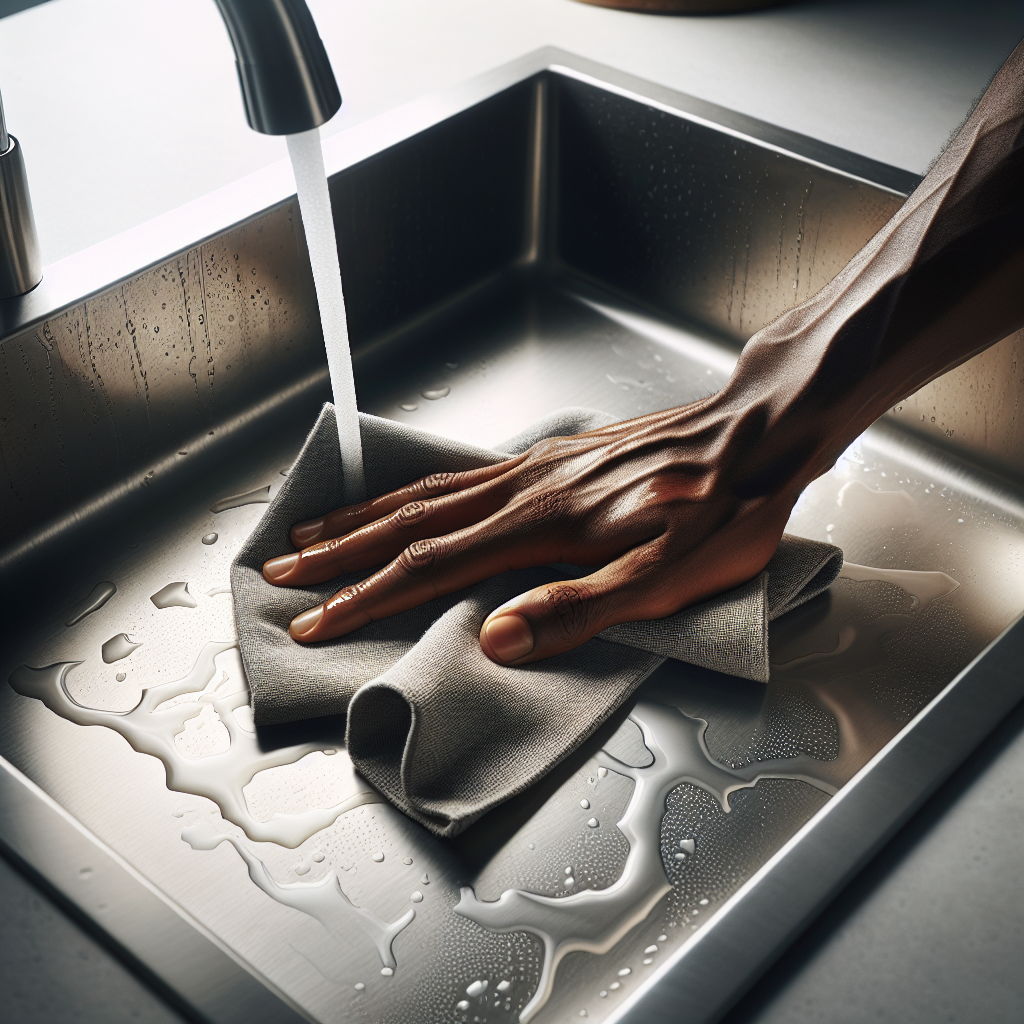 A close-up shot of a modern stainless steel kitchen sink with visible, subtle water spots and limescale residue. A hand is gently wiping the surface with a soft, microfiber cloth. The lighting is bright and natural, highlighting the contrast between the clean areas and the spots. Realistic photo style, high detail.