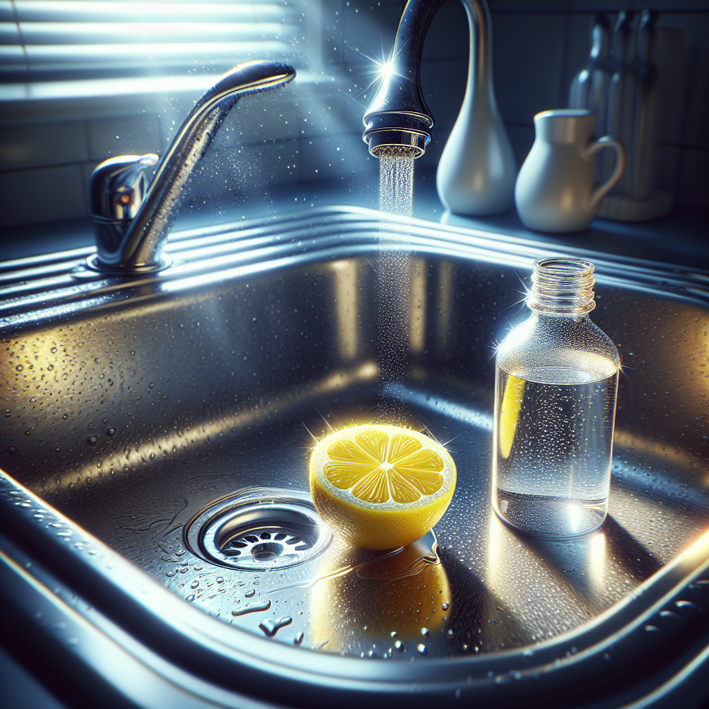 A sparkling clean stainless steel kitchen sink, reflecting light beautifully, with a cut lemon half and a small, clear bottle of white household vinegar placed neatly on the wet edge of the sink or on the adjacent countertop. The image conveys a sense of freshness and hygiene. Vibrant, bright, realistic photo style, high detail.