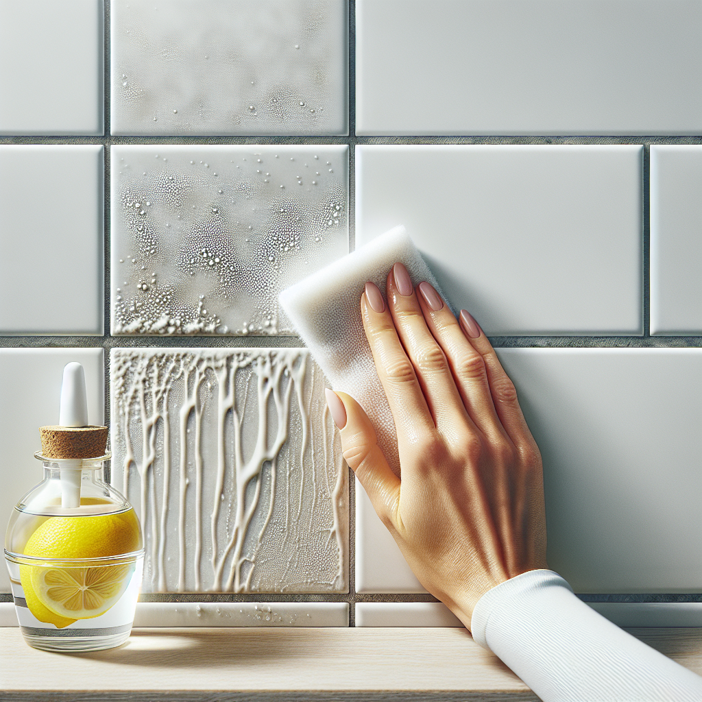 Close-up shot of ceramic bathroom tiles. One half of the tiles is visibly covered in milky white water stains and limescale, while the other half is gleaming and perfectly streak-free. A hand wearing a gentle glove is wiping the transition area with a soft microfiber cloth, creating a subtle shine effect. In the slightly blurred background, a small glass bowl with fresh lemon slices and a bottle of white vinegar are visible. Bright, clean aesthetic, realistic photography.