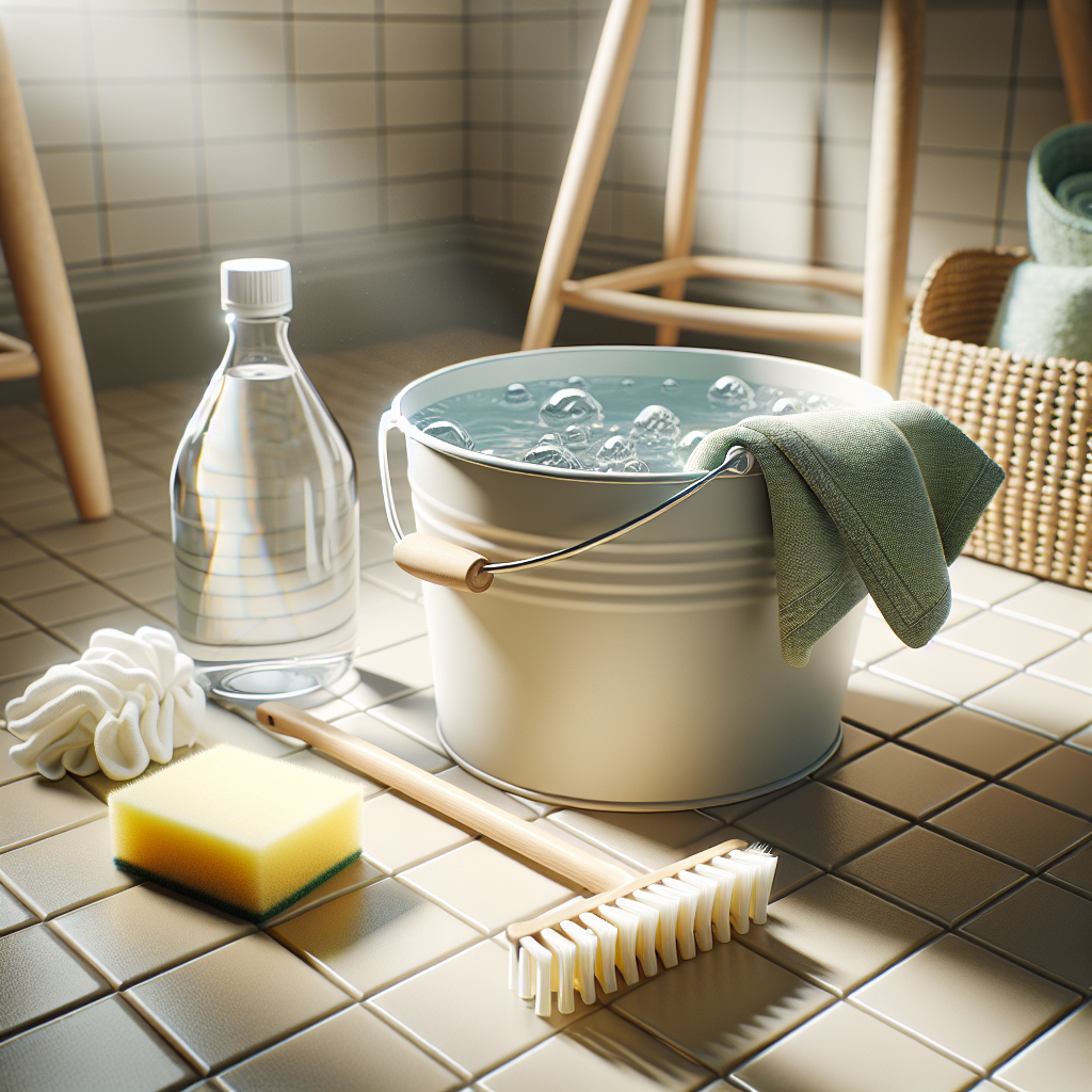 A top-down view of a light-colored ceramic tile floor in a modern kitchen or bathroom. A sturdy white bucket filled with clear water sits on the tiles. Neatly arranged next to the bucket are a bottle of white vinegar, a fresh green microfiber cloth, and a soft yellow sponge. The scene is well-lit, conveying a sense of cleanliness and preparation for a household task. Realistic, high-detail photography.