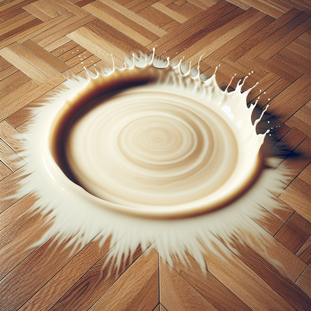A close-up, high-detail shot of a prominent, milky white water ring stain on a beautiful, warm-toned wooden parquet floor in a living room. The parquet shows natural wood grain and a slight sheen, with the unsightly stain clearly visible, conveying a sense of minor damage and the need for cleaning.