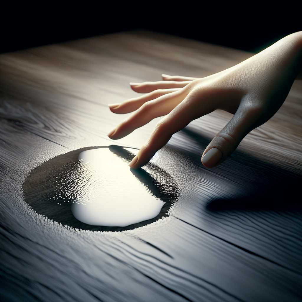 A close-up, realistic photograph of a light-colored, prominent round water stain on a dark, polished wooden table. A person's hand is gently reaching towards the stain, conveying the problem. Soft, natural lighting.