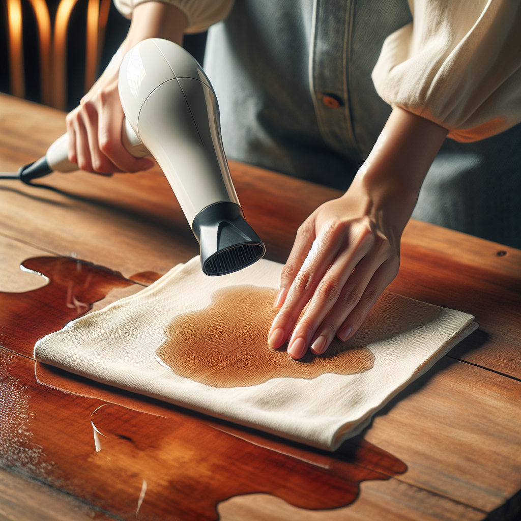A detailed, realistic photograph showing a person's hands placing a clean, dry white cotton cloth over a noticeable water stain on a warm-toned wooden surface. A hairdryer is carefully blowing warm air onto the cloth, illustrating the removal process. Soft, diffused lighting.