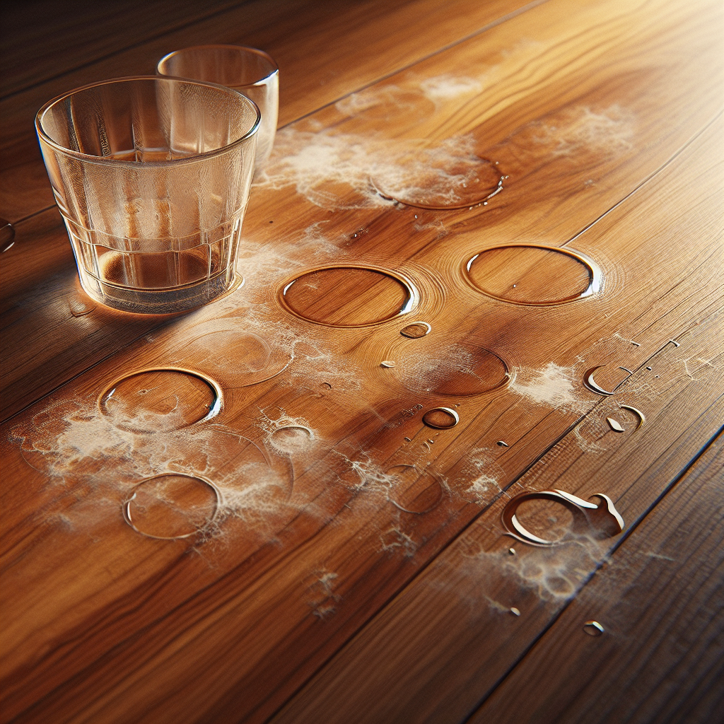 Close-up of a beautiful, warm-toned wooden table surface, showing prominent, milky white water rings and cloudy spots from forgotten glasses or cups. The natural wood grain is visible but marred by the imperfections, bathed in soft, natural light.