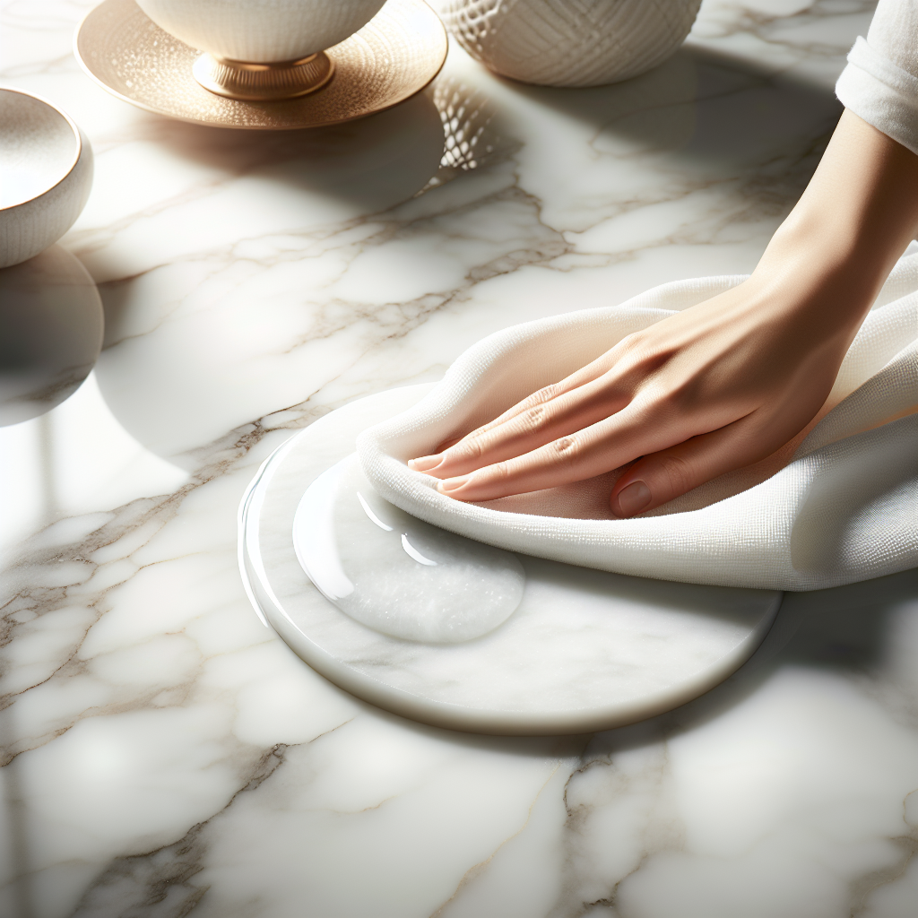 Close-up of a luxurious white marble countertop with a distinct, circular matte water stain. A clean, soft microfiber cloth is gently wiping the stain, with soft, natural light highlighting the texture of the marble.