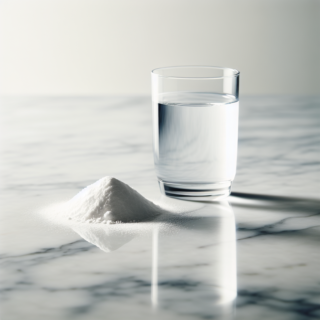 A pristine and shiny white marble surface, completely free of water stains, reflecting natural light beautifully. In the foreground, a small pile of white baking soda is next to a clear glass of water, subtly suggesting a cleaning solution.