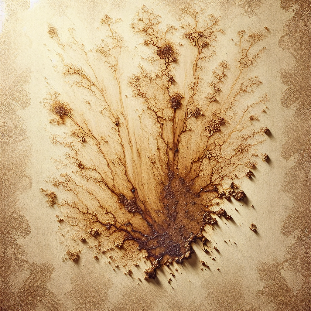 A close-up shot of an unsightly, spreading brown water stain on a light-colored, textured wallpaper in a home. The lighting subtly emphasizes the discoloration and dampness, creating a slightly concerned but realistic atmosphere. High detail, professional photography.