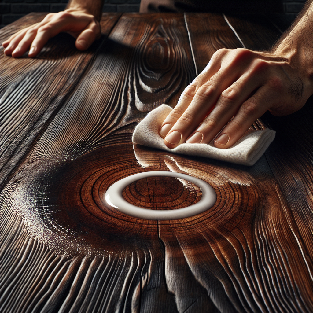 A realistic, high-resolution photograph showing a dark, polished wooden table with a visible white ring water stain. In the foreground, a gentle hand, holding a soft white cloth with a small dab of white toothpaste, is carefully rubbing another similar water stain on the wood, illustrating the cleaning process. Bright, natural lighting highlights the wood grain and the texture of the cloth. Focus on the contrast between the stained and clean areas, suggesting an effective remedy.