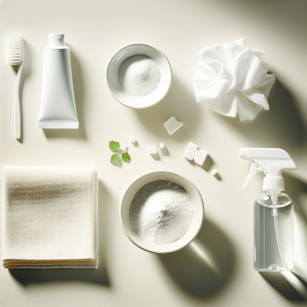 A vibrant, clean still life photograph featuring essential household items for cleaning water stains. Arranged neatly on a light, minimalist surface are a small white tube of toothpaste, a small bowl filled with white baking soda, a soft, folded white microfiber cloth, and a clear glass spray bottle filled with water. The composition is bright and airy, with soft shadows, conveying a sense of cleanliness, simple, and effective home solutions. The items are clearly identifiable and well-lit.