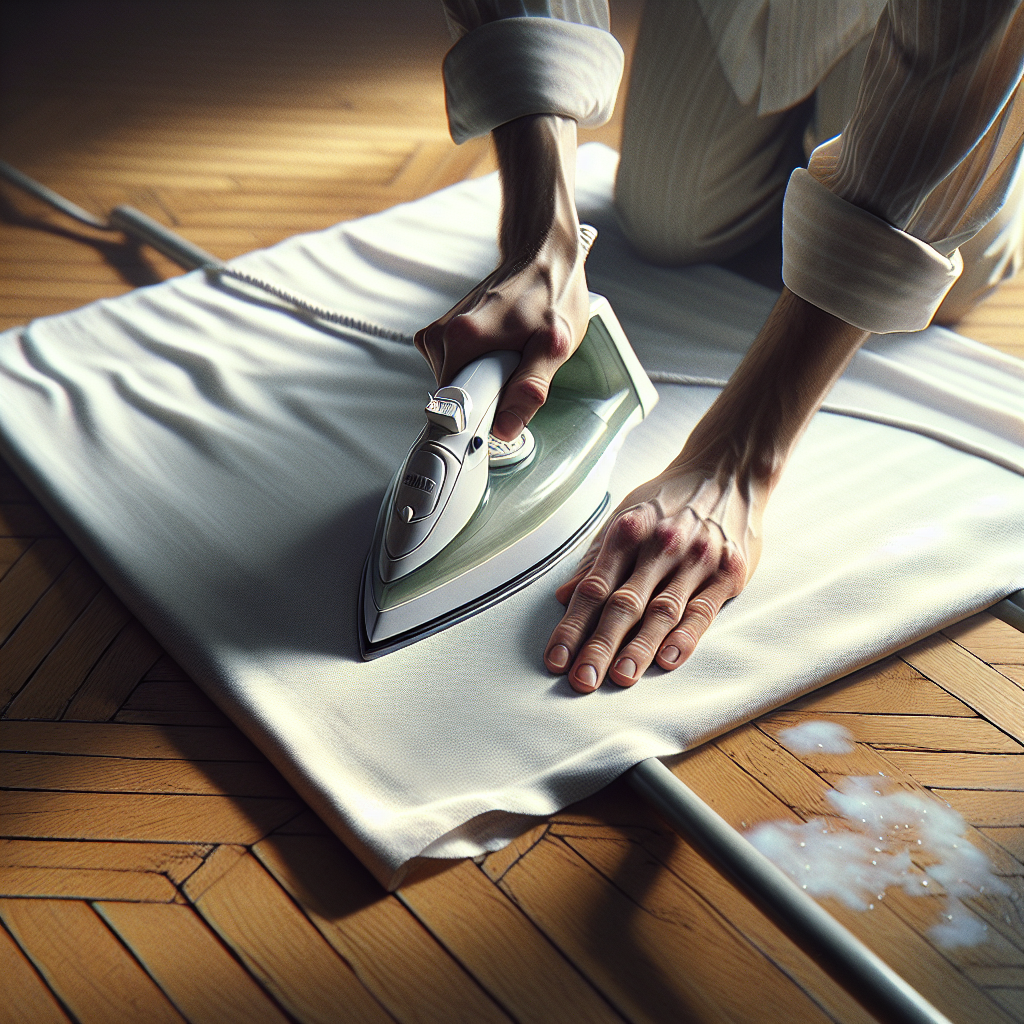 A detailed, eye-level shot of hands gently moving a warm, dry iron over a clean white cotton cloth, which is placed on a light wooden parquet floor with a subtle, milky water stain underneath. The lighting is soft and natural, emphasizing the repair process. Realistic, instructional photography.