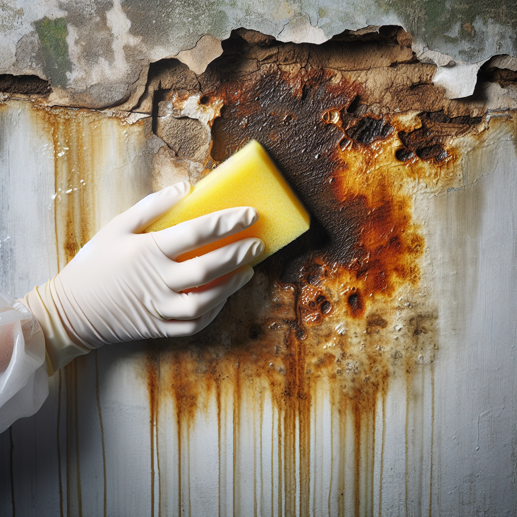 A close-up of a damp wall with prominent yellowish and brownish water damage stains. A hand in a cleaning glove is actively scrubbing the stain with a sponge, showing a cleaner area emerging. Realistic, natural light, focus on the texture of the wall and the cleaning action.