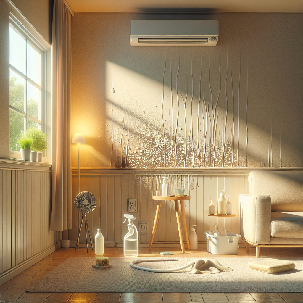 A bright, clean room, perhaps a bathroom or kitchen, with a subtle yet visible water stain on a wall or ceiling corner. An open window and a small fan are visible in the background, subtly suggesting air circulation and drying. On a nearby surface, a bottle of vinegar, a spray bottle, and a clean sponge are neatly arranged, representing home remedies. Warm, inviting light, clean aesthetic.