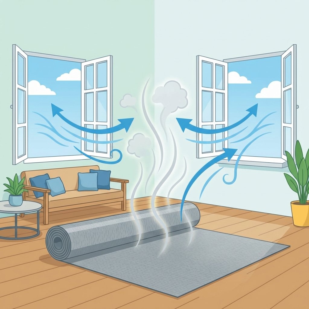 A vibrant flat illustration depicting a modern, minimalist living room. In the center, a newly unrolled grey PVC flooring emits subtle, wavy, light grey vapor lines upwards, symbolizing the 'Weichmacher Geruch.' Two large windows on either side are wide open, showing a glimpse of a clear sky. Arrows indicating fresh, blue air flow into the room from the open windows, pushing the grey vapor lines outwards, demonstrating effective ventilation. The overall atmosphere is clean and suggests the removal of odors and introduction of freshness.