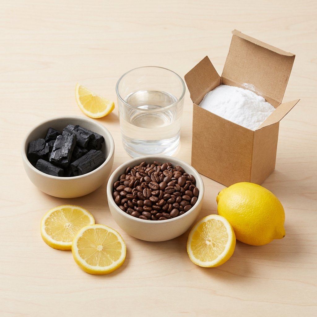 A professional studio photo, brightly lit, showcasing an assortment of natural odor-neutralizing agents on a clean, light-colored surface. The composition includes a small bowl filled with activated charcoal pieces, another with fresh coffee beans, a glass of clear vinegar, a small open box of baking soda, and a few vibrant lemon slices. Each item is distinctly visible and arranged aesthetically, emphasizing natural, accessible solutions for removing unpleasant smells. The focus is on a clean, fresh aesthetic.