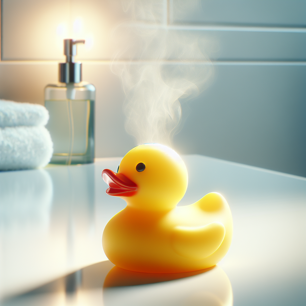 A brand new, vibrant yellow rubber duck standing on a white bathroom counter, with a subtle, almost visible chemical vapor or unpleasant aura rising faintly from its surface, hinting at the 'new plastic smell'. The background is slightly blurred with soft light. Realistic, detailed, clean aesthetic.