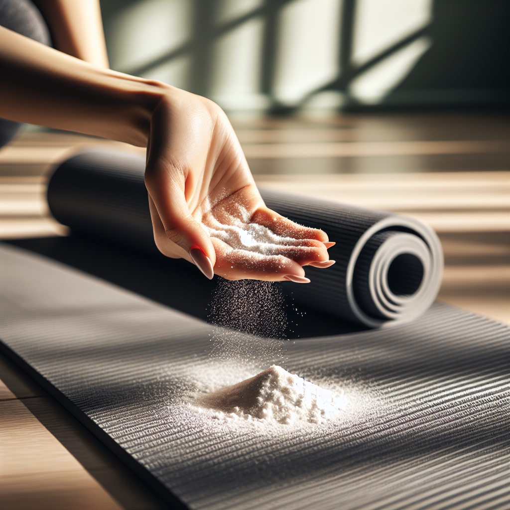 Close-up of a hand gently sprinkling a fine white powder (baking soda) over the textured surface of a new, dark grey yoga mat. The mat is laid out on a light wooden floor, with soft, natural light streaming in from a window in the background. The scene should feel fresh, clean, and illustrative of a home remedy solution. Realistic, detailed.