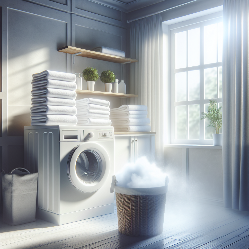 A stack of soft, white laundry and towels in a clean, bright laundry room, with a faint, almost invisible cloud of overwhelming artificial scent subtly emanating from them. Emphasize the contrast between the clean appearance and the implied unpleasant lingering smell, suggesting a desire for natural freshness. Photorealistic, soft natural light.