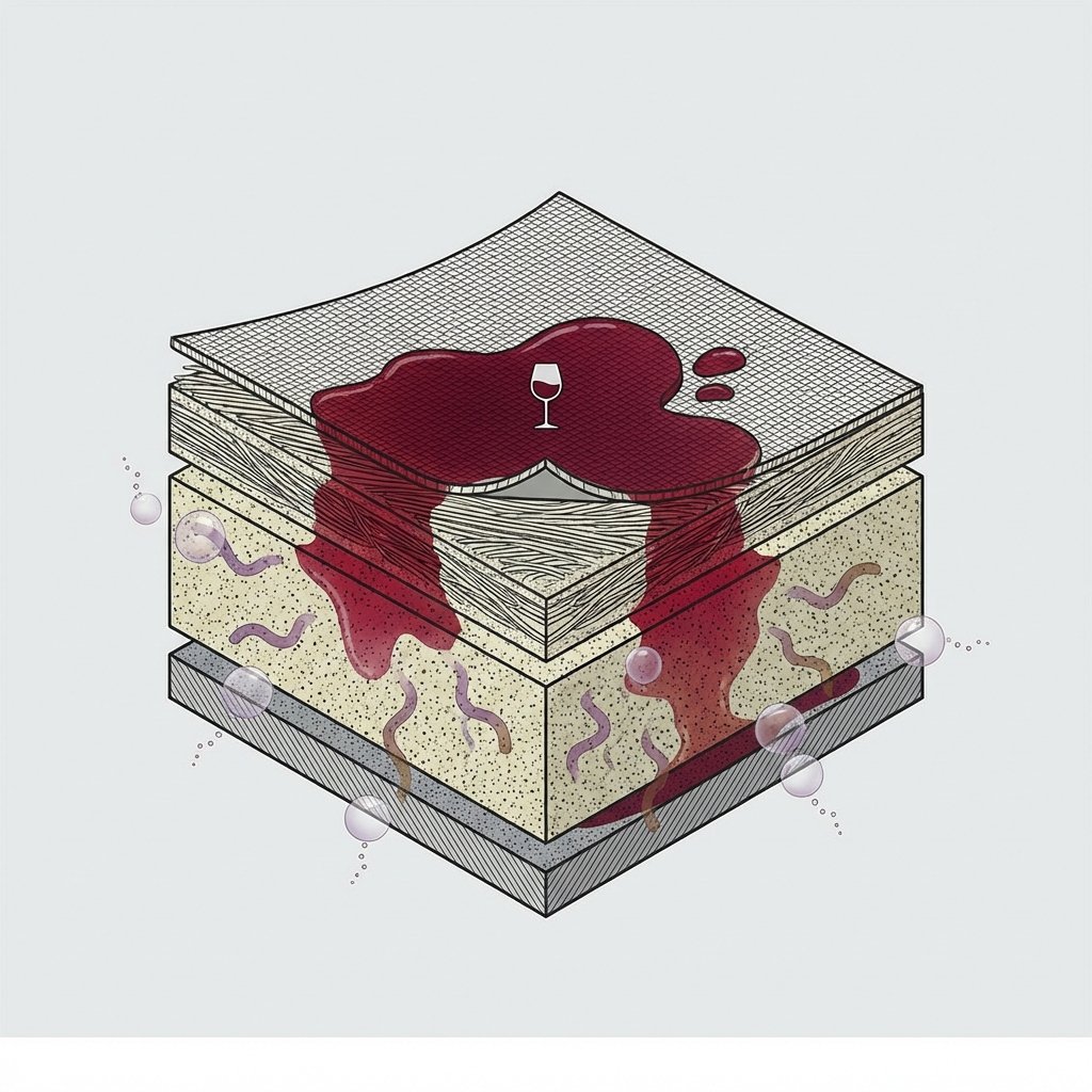 An illustrative diagram showing a cross-section of a car seat or carpet. Red wine liquid is visibly seeping deep into the fabric fibers and foam layers. Small, abstract 'smell molecules' are depicted as faint, wavy particles emanating from the saturated areas, indicating a persistent odor that has bonded with the material. The illustration should highlight the depth of penetration and the complexity of removing entrenched smells, using clean lines and a clear visual hierarchy.