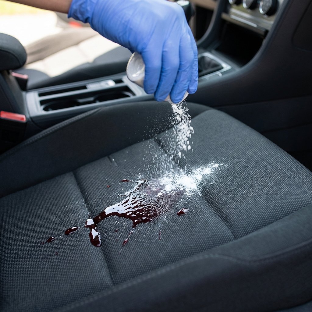 A close-up, high-angle professional photo capturing a hand sprinkling a white, powdery substance (like baking soda or a similar absorbent) onto a fresh red wine spill on a car's dark fabric seat or floor mat. The wine spill should appear vibrant and wet, with the powder actively falling and beginning to cover the liquid. The focus is on the immediate action of absorption, with a slightly blurred car interior in the background.