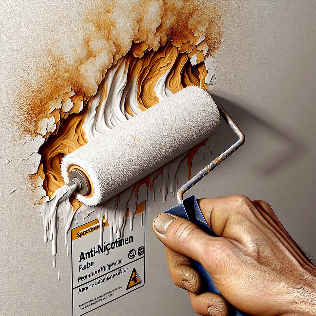 Close-up of a hand holding a paint roller, actively applying a thick, white anti-nicotine paint onto a wall. Beneath the freshly painted area, prominent yellow-brown nicotine stains are still visible, emphasizing the problem being covered. A specialized paint can for 'Anti-Nikotin Farbe' is subtly visible in the foreground, suggesting the solution. Realistic, focus on texture and detail.