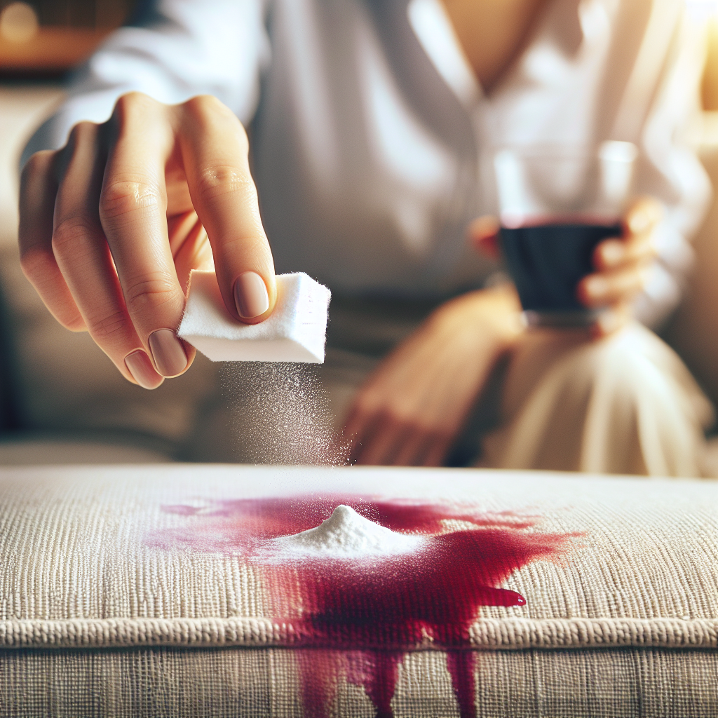 A close-up, high-angle shot of a human hand gently sprinkling white baking soda powder onto a fresh, vibrant red wine stain on a light beige fabric sofa. The background is softly blurred, hinting at a cozy home environment. The focus is sharp on the baking soda and the stain, conveying an immediate action of stain removal. Realistic photography, warm lighting.