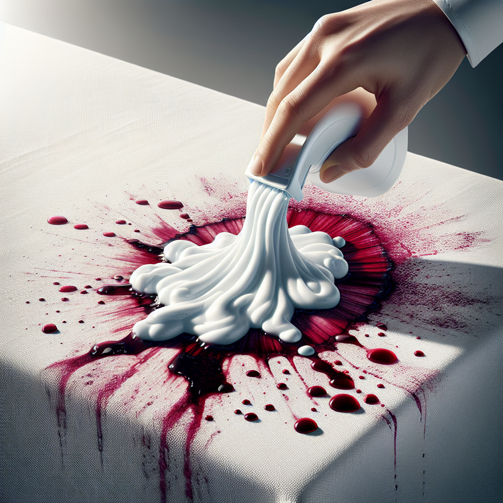 A close-up, realistic photograph of a hand gently applying white shaving foam onto a fresh red wine stain on a clean white tablecloth. The foam is visibly spreading over the deep red stain, suggesting effective cleaning. Bright, natural lighting, focus on the cleaning action.