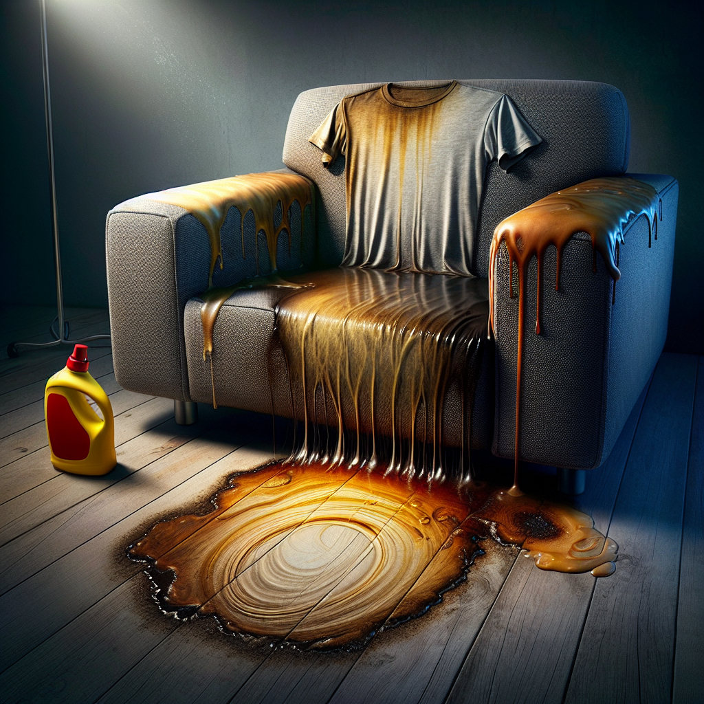 A visually striking and slightly exasperated scene depicting various types of stubborn, hard-to-remove stains. Show a dark, sticky resin stain on a favorite t-shirt, a deep grease stain on a sofa cushion, and an old, discolored oil mark on a wooden floor. The overall mood should convey frustration and the difficulty of the task. Realistic, high detail, studio lighting.