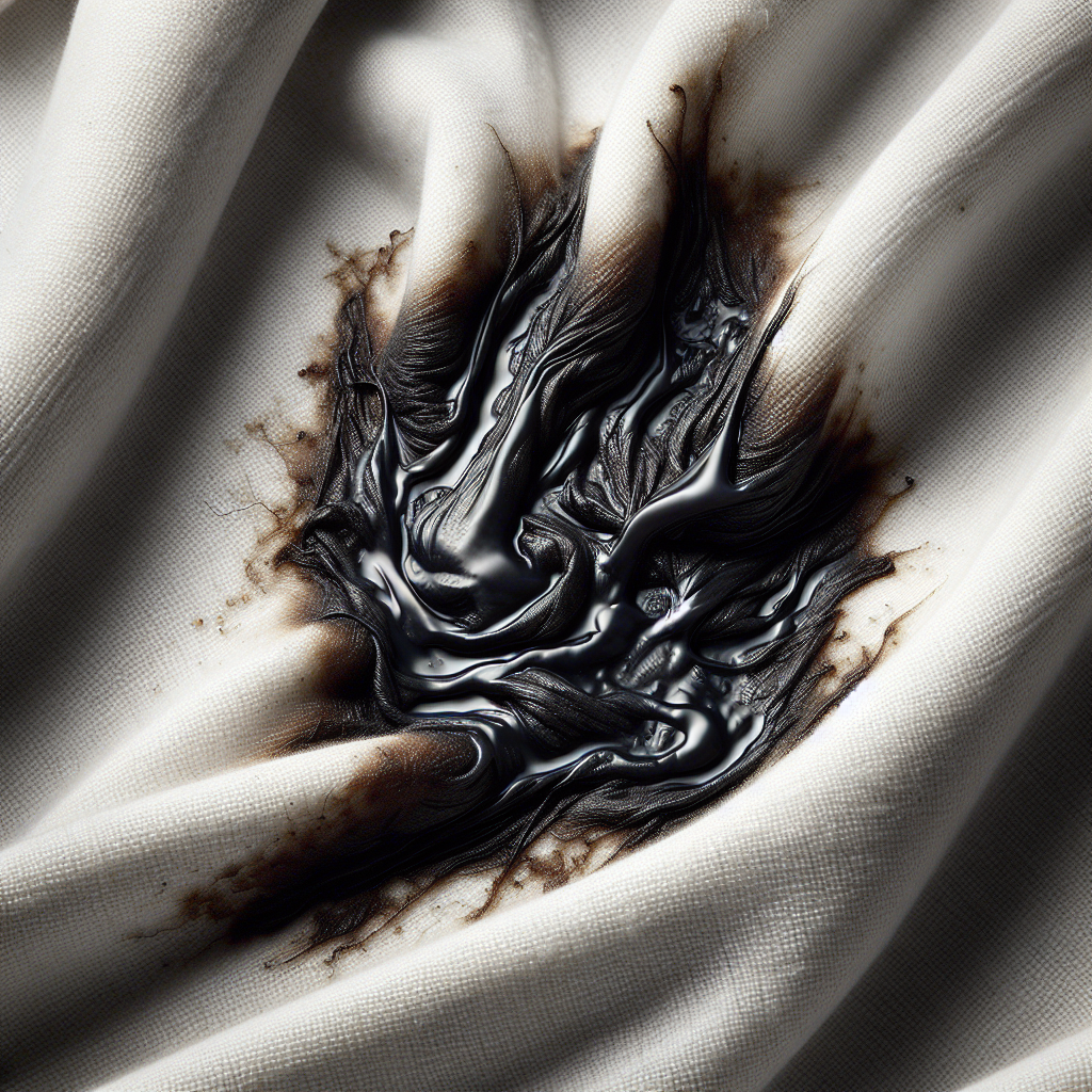 A close-up, high-resolution photo of a deep, dark grease stain stubbornly embedded in the light-colored fibers of a textile, like a white cotton shirt or linen fabric. The texture of the fabric should be visible, emphasizing how the stain has permeated it. The lighting should highlight the difficulty and permanence of the stain. Realistic, clean style, macro photography.