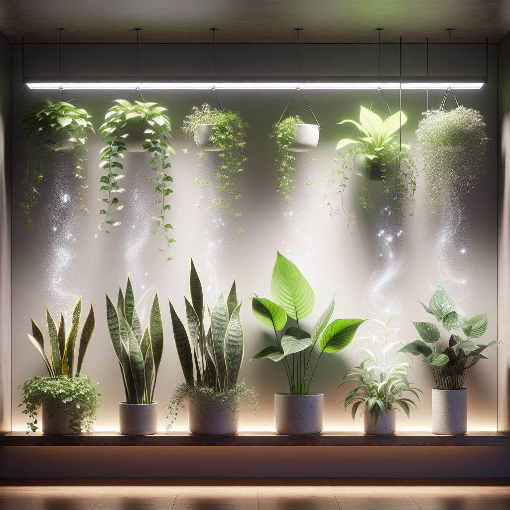 A stylish, detailed close-up of a collection of common air-purifying houseplants, including a trailing Pothos (Efeutute), a Sansevieria (Snake Plant), and a Spathiphyllum (Peace Lily), arranged elegantly on a wooden shelf in a bright room. The plants are depicted with an ethereal, glowing aura or very subtle light particles flowing into their leaves, symbolizing their natural ability to absorb and neutralize odors and pollutants like nicotine. Clean, modern aesthetic, natural light.