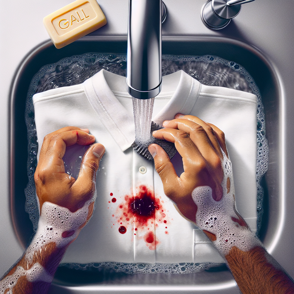 A close-up shot of hands gently scrubbing a fresh, small red blood stain on a white cotton shirt sleeve under a stream of cold water from a modern sink faucet, with a bar of yellow gall soap visible on the edge. The scene is bright and clean, emphasizing the urgency and effectiveness of immediate action. Realistic, helpful tone.
