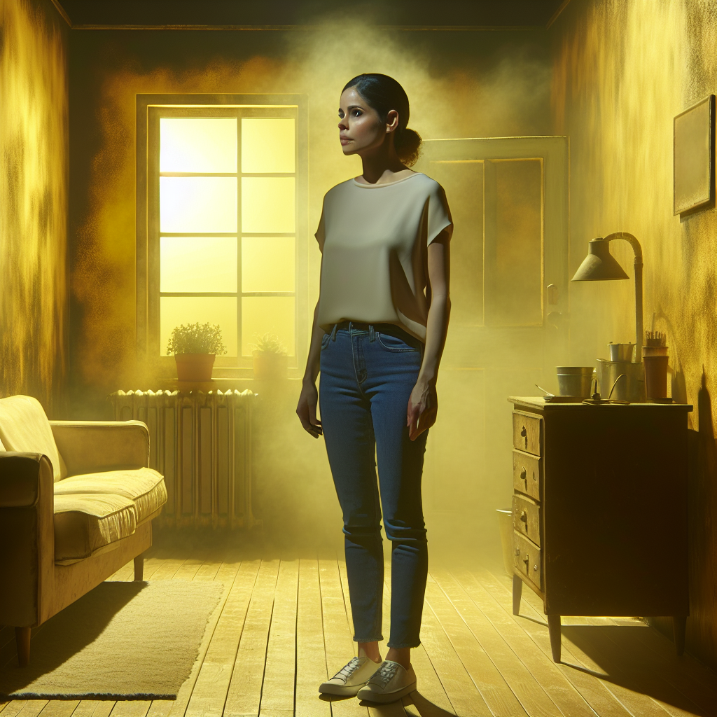 A dimly lit, stale apartment room with a visible yellowish tint on the walls and furniture, subtle visual cues of lingering cigarette smoke residue. A person stands in the middle, looking around with a concerned and slightly overwhelmed expression. Realistic, indoor scene.